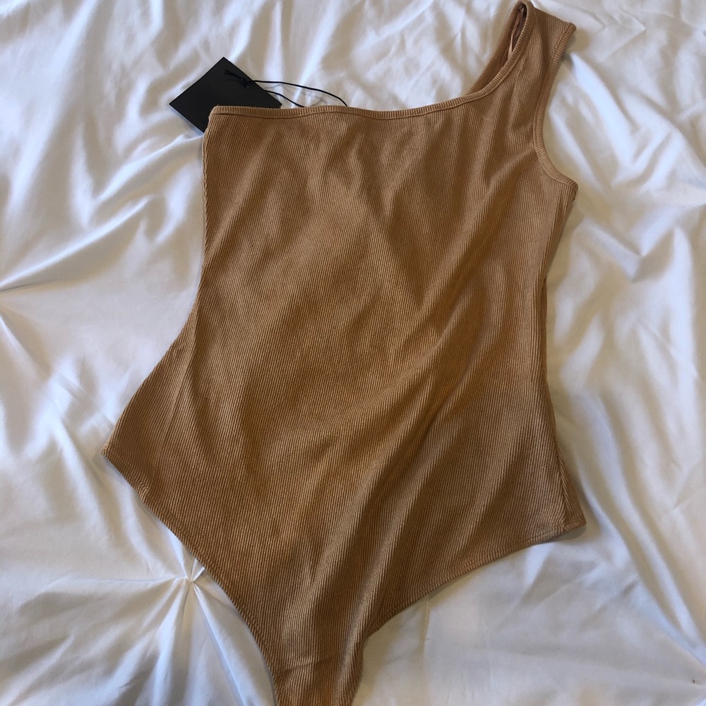 One shoulder suede ribbed bodysuit- camel color